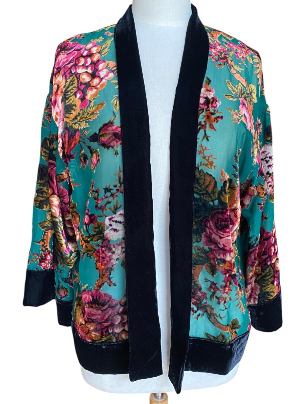 Colleen Lopez Green Floral Velvet Burnout Kimono Jacket Velvet Trim Whimsigoth-M